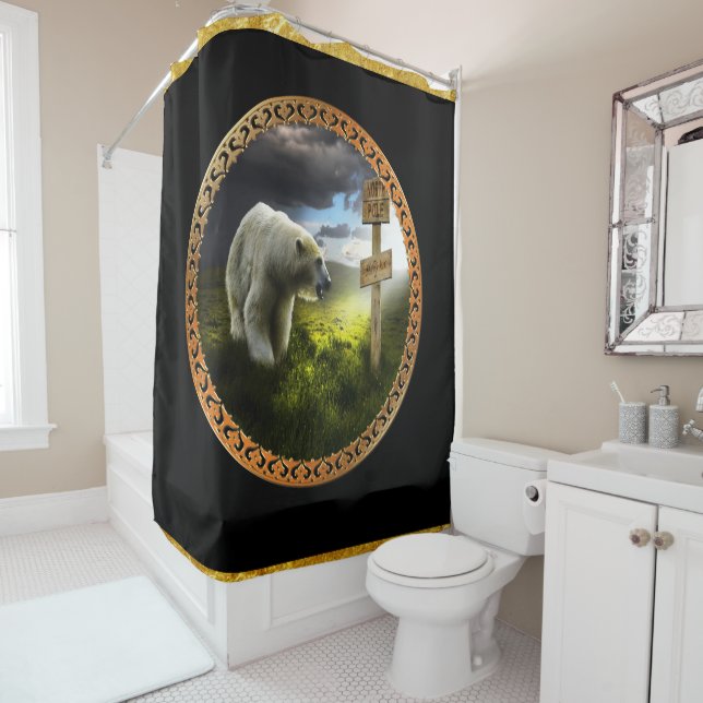 polar bear looking at the north pole wooden sign shower curtain (In Situ)