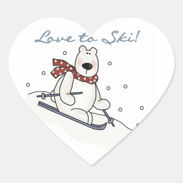 Polar Bear Love to Ski T-shirts and Gifts Heart Sticker (Front)