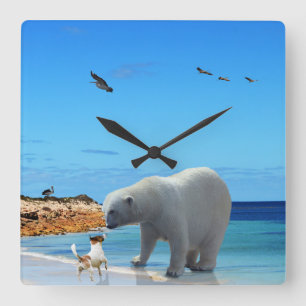 Polar Bear Meets Fox Terrier Encounter, Square Wall Clock