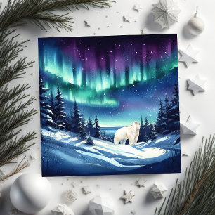 Polar Bear mesmerized by the Northern Lights Holiday Card