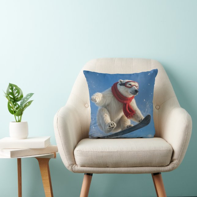 Polar Bear Mid-air on a Snowboard Cushion (Chair)