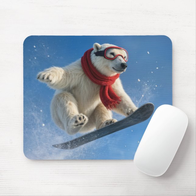 Polar Bear Mid-air on a Snowboard Mouse Pad (With Mouse)