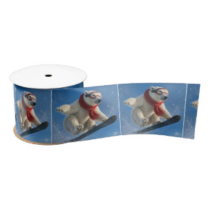 Polar Bear Mid-air on a Snowboard Satin Ribbon