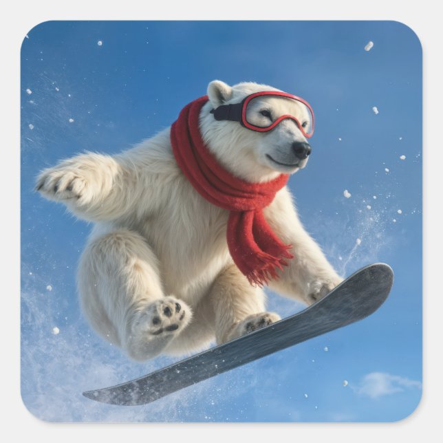 Polar Bear Mid-air on a Snowboard Square Sticker (Front)