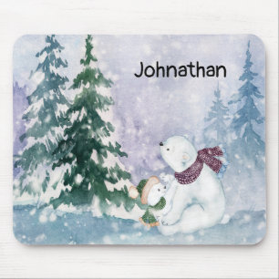 Polar Bear Mother and Baby with Snowy Scenic Mouse Pad