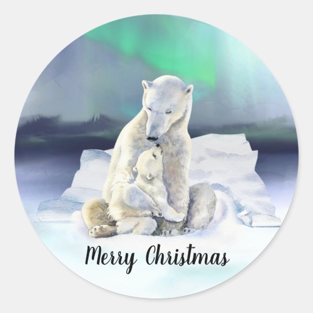 Polar Bear Mother & Baby Christmas Classic Round Sticker (Front)