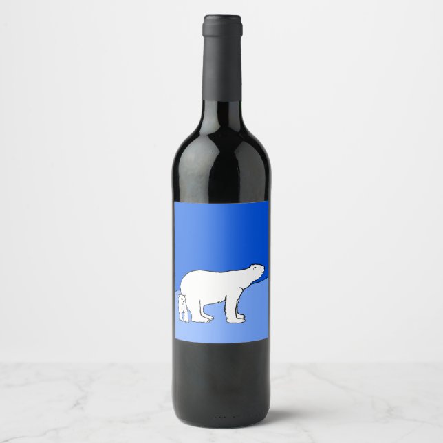 Polar Bear Mum and Cub Painting - Wildlife Art Wine Label (Front)