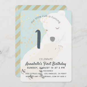 Polar Bear Mum & Cub Blue 1st Birthday Invitation