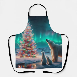 Polar Bear Mum Cubs Christmas Tree Aurora Borealis Apron