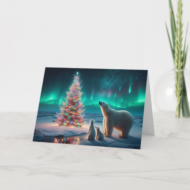 Polar Bear Mum Cubs Christmas Tree Aurora Borealis Holiday Card (Front)