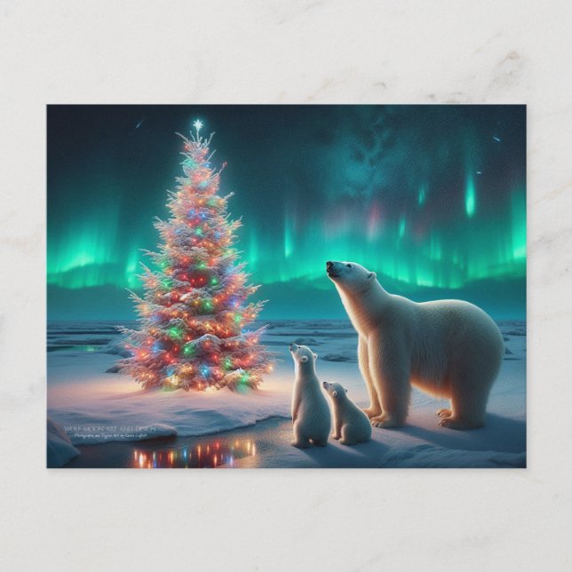 Polar Bear Mum Cubs Christmas Tree Aurora Borealis Holiday Postcard (Front)