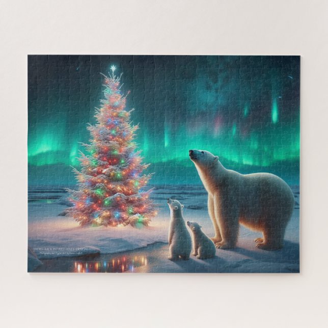 Polar Bear Mum Cubs Christmas Tree Aurora Borealis Jigsaw Puzzle (Horizontal)