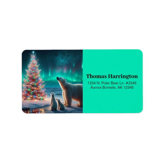 Polar Bear Mum Cubs Christmas Tree Aurora Borealis Label (Front)