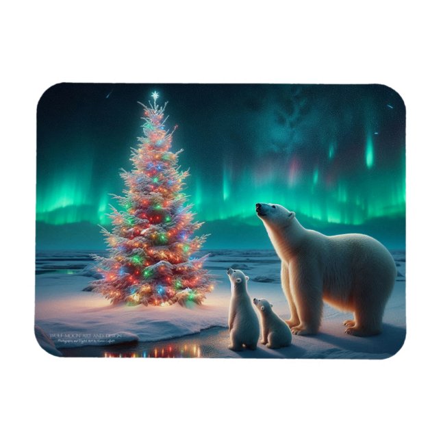 Polar Bear Mum Cubs Christmas Tree Aurora Borealis Magnet (Horizontal)