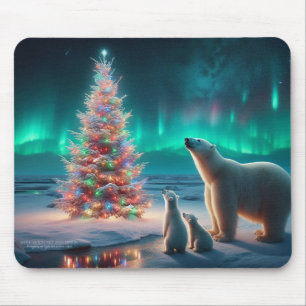 Polar Bear Mum Cubs Christmas Tree Aurora Borealis Mouse Pad