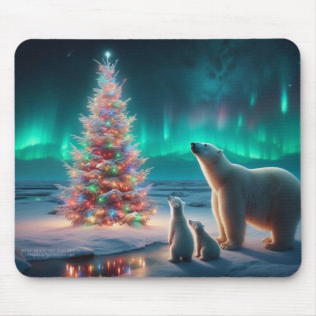 Polar Bear Mum Cubs Christmas Tree Aurora Borealis Mouse Pad (Front)