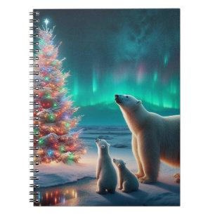 Polar Bear Mum Cubs Christmas Tree Aurora Borealis Notebook