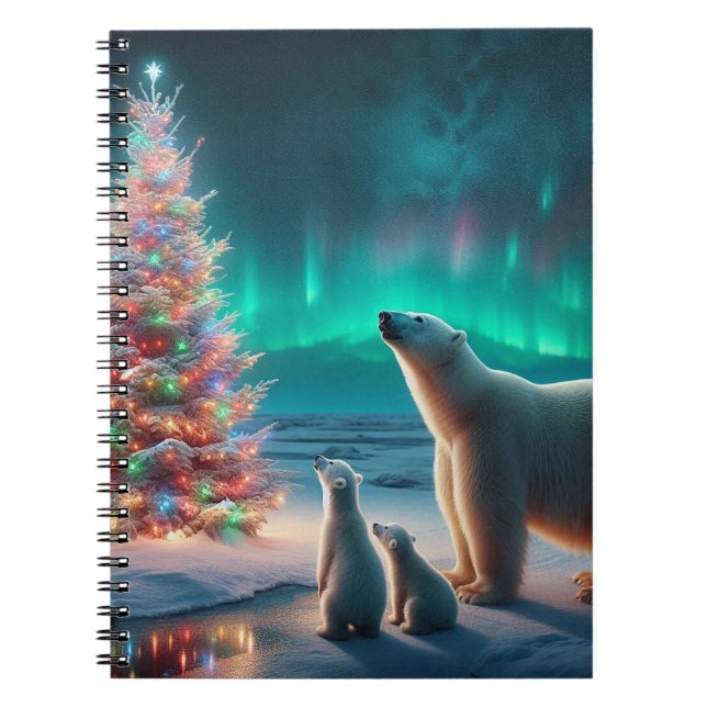 Polar Bear Mum Cubs Christmas Tree Aurora Borealis Notebook (Front)