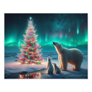 Polar Bear Mum Cubs Christmas Tree Aurora Borealis Photo Print