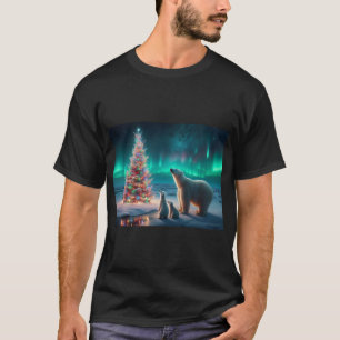 Polar Bear Mum Cubs Christmas Tree Aurora Borealis T-Shirt