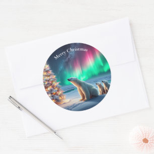Polar Bear Mum Cubs Christmas Tree Northern Lights Classic Round Sticker