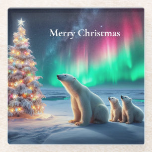Polar Bear Mum Cubs Christmas Tree Northern Lights Glass Coaster