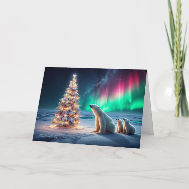 Polar Bear Mum Cubs Christmas Tree Northern Lights Holiday Card (Front)