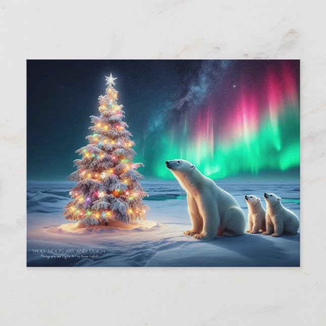 Polar Bear Mum Cubs Christmas Tree Northern Lights Holiday Postcard (Front)