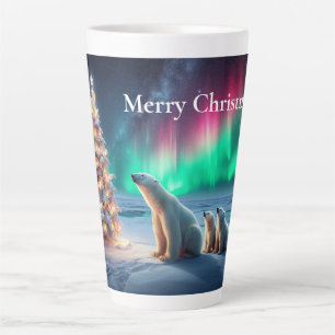 Polar Bear Mum Cubs Christmas Tree Northern Lights Latte Mug