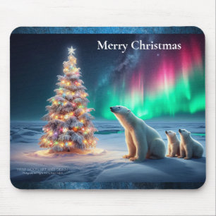 Polar Bear Mum Cubs Christmas Tree Northern Lights Mouse Pad