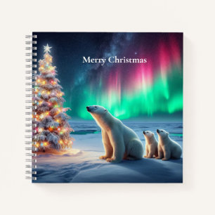 Polar Bear Mum Cubs Christmas Tree Northern Lights Notebook