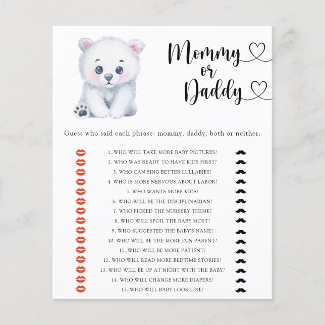 Polar bear - mummy or daddy baby shower game (Front)