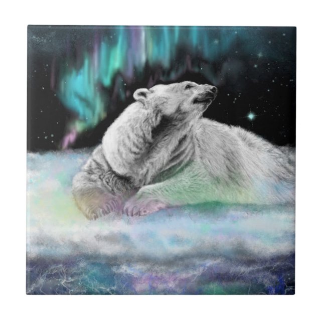 Polar Bear Night Ceramic Tile - Painting (Front)