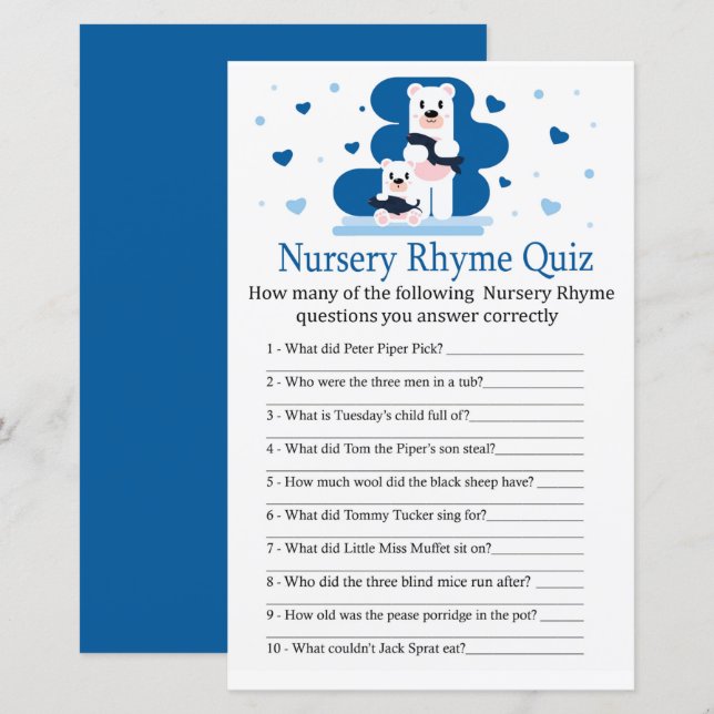 Polar bear Nursery Rhyme Quiz baby shower game (Front/Back)