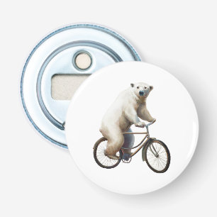 Polar Bear On Bicycle Button Bottle Opener