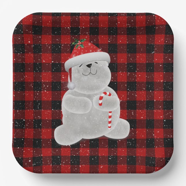 Polar Bear on Buffalo Plaid   Paper Plate (Front)