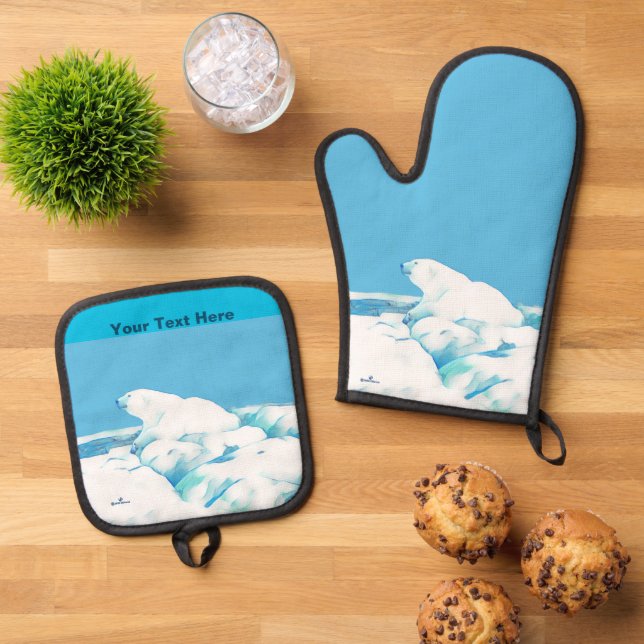Polar Bear On Ice Oven Mitt & Pot Holder Set (Top Down)