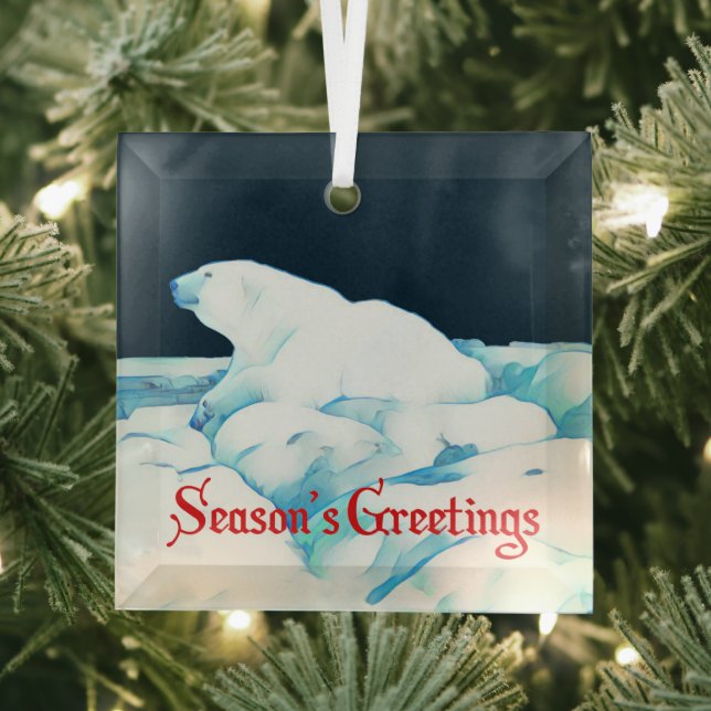 Polar Bear On Ice - Season's Greetings Glass Tree Decoration (Insitu)