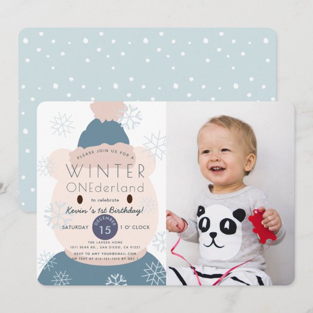 Polar Bear Onederland Boy 1st Photo Birthday Invitation (Front/Back)