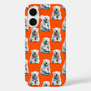 Polar Bear Pattern Design On Orange iPhone 16 Case