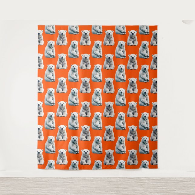 Polar Bear Pattern Design On Orange  Tapestry (Front)