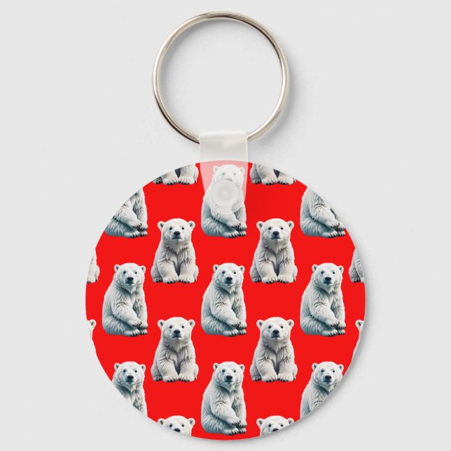 Polar Bear Pattern Design On Red  Key Ring (Front)