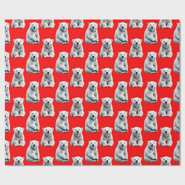Polar Bear Pattern Design On Red  Wrapping Paper (Flat)