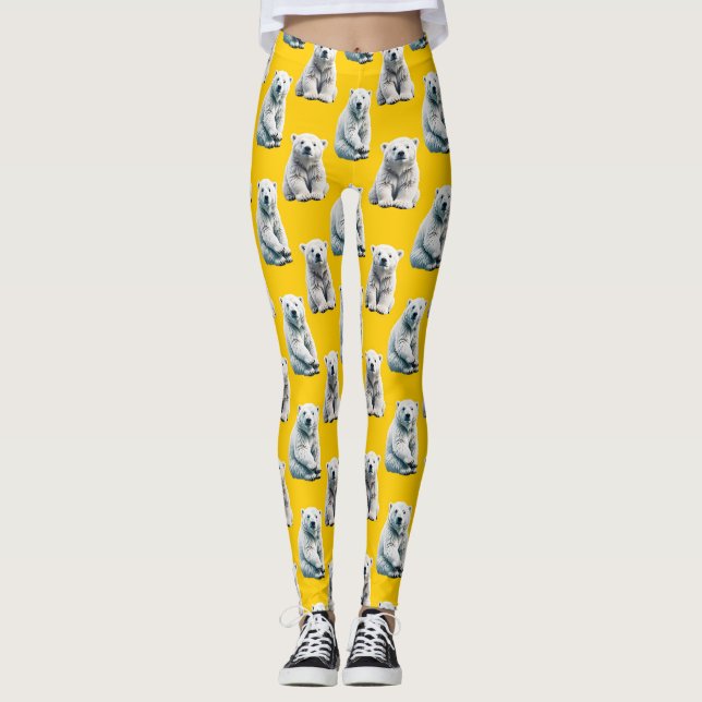 Polar Bear Pattern Design On Yellow  Leggings (Front)