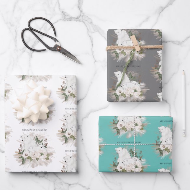 Polar Bear Pattern White Grey Teal Merry Christmas Wrapping Paper Sheet (Front)