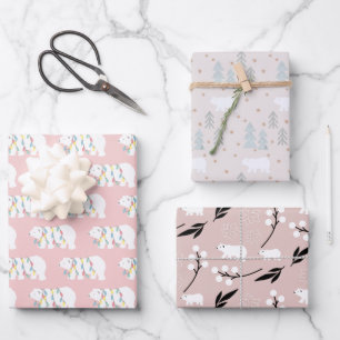Polar Bear Patterns Pink Christmas Holiday Wrapping Paper Sheet