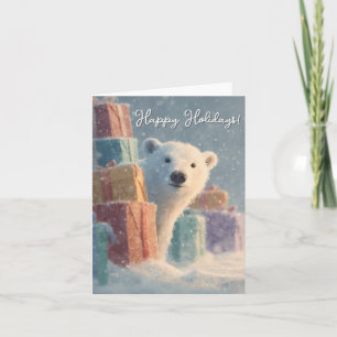 Polar Bear Peeking from Behind a Stack of Presents Holiday Card