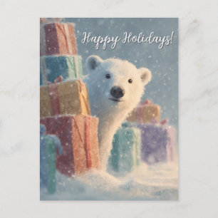 Polar Bear Peeking from Behind a Stack of Presents Postcard