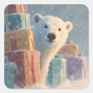 Polar Bear Peeking from Behind a Stack of Presents Square Sticker