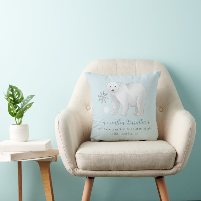 Polar Bear Personalised Baby Birth Stats Nursery  Cushion (Chair)